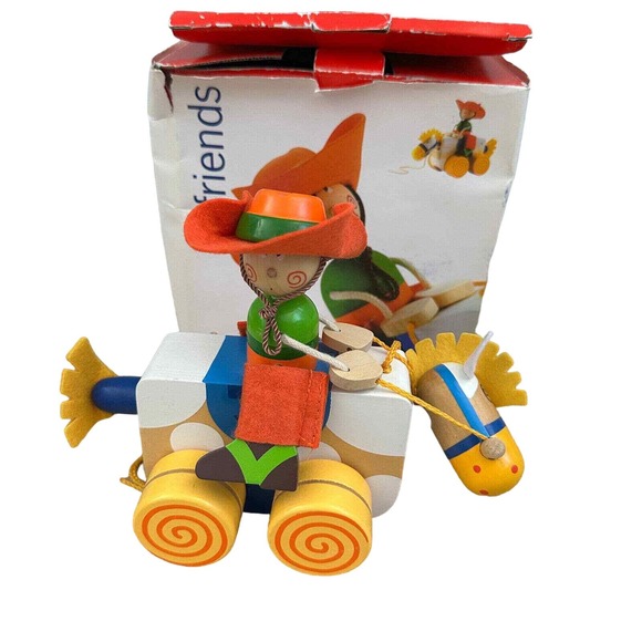 Sevi Friends Wooden Pull Along Cowboy and Horse Made in Italy Hand Made Western - Picture 1 of 10